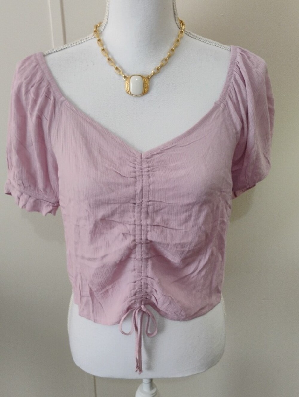 Pink Rose Ruched Drawstring Crop Top - Light Pink - Picture 5 of 6